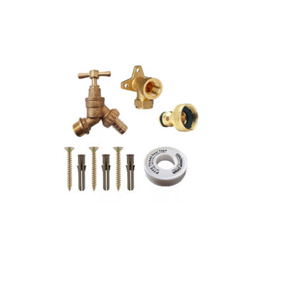 hep Online Outdoor Garden Bib Tap Kit Inc. Wall Plate Elbow Fixing Screws With Wall Plugs Brass Tap Connector from B&Q