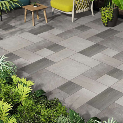 Stonewise Kandla Grey Riven Sandstone Mixed Patio Paving Slabs Full Pack 60 Slabs from B&Q