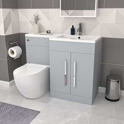 Nes Home Matte Grey 1100mm Rh Basin Vanity Cabinet & Btw Modern Curved Toilet from B&Q