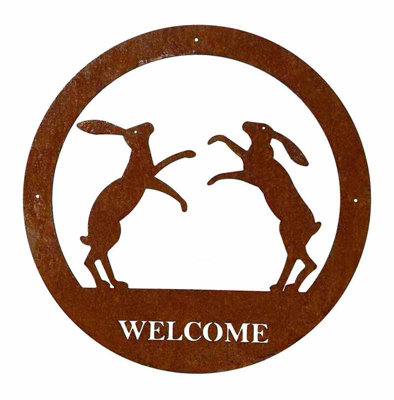 Poppy Forge Boxing Hare Welcome Wall ArtSmallSteelW29.5 X H29.5 CmBare Metal/ready To Rust from B&Q