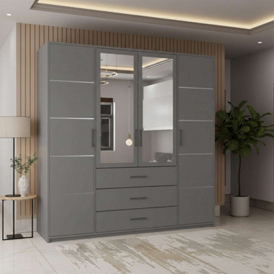 M N Furniture Ltd Bruno Modern 4-Door Wardrobe With Mirror With 3 Storage DrawersSpacious DesignGrey W200Cm X H200Cm from B&Q