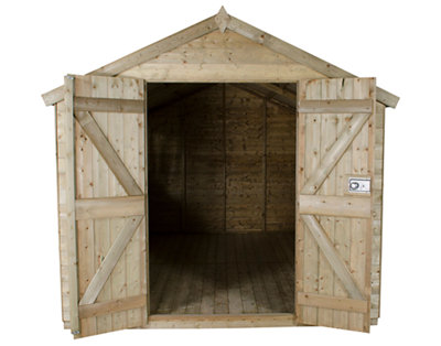 A timber shed with an apex roof and two double doors at the front, providing a wide opening.