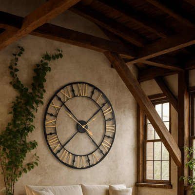 95cm Industrial Black and Gold Metal Roman Numeral Open Frame Wall Clock