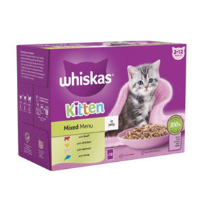 96 x 85g Whiskas 2-12 Months Kitten Wet Cat Food Pouches Mixed Menu in Jelly