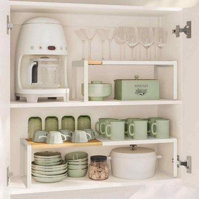  - Expandable Spice Rack ShelfStackable Kitchen Organiser For Cupboards And CountertopsLight Bamboo And Cream White