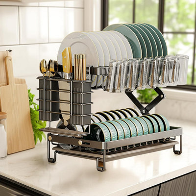 B&Q -  Dish Drying RackFoldable Dish Drying RackSpace Saving Rustproof2 Tier Multipurpose Dish Drainer With Drainer