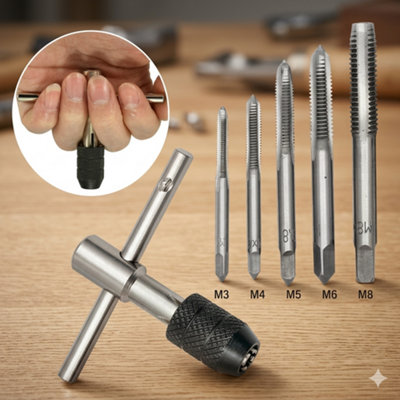 Tap Wrench And Die Set6 Piece T Handle Chuck Tool With M3 M4 M5 M6 M8 Taps And Die from B&Q