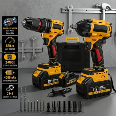  - Brushless Cordless Drill And Impact Screwdriver SetDual Speed2 Pack Battery Set