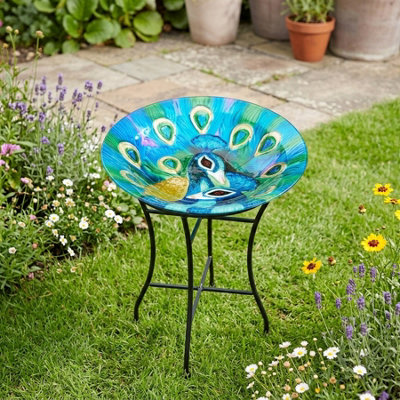 Haxon Painted Peacock Glass Birdbath from B&Q