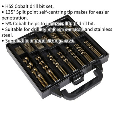 99 Piece HSS Cobalt Drill Bit Set with Split Point Self-Centering Tips for Precision Drilling