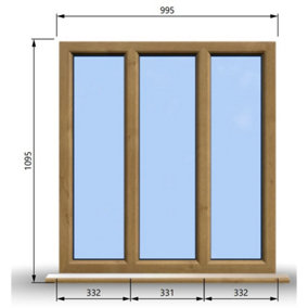995mm (W) x 1095mm (H) Wooden Stormproof Window - 3 Pane Non-Opening Windows - Toughened Safety Glass