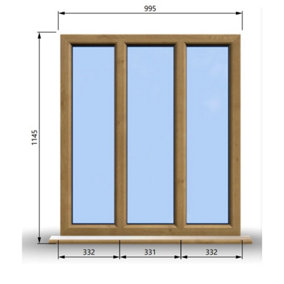 995mm (W) x 1145mm (H) Wooden Stormproof Window - 3 Pane Non-Opening Windows - Toughened Safety Glass