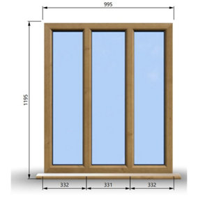 995mm (W) x 1195mm (H) Wooden Stormproof Window - 3 Pane Non-Opening Windows - Toughened Safety Glass