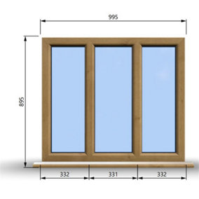 995mm (W) x 895mm (H) Wooden Stormproof Window - 3 Pane Non-Opening Windows - Toughened Safety Glass
