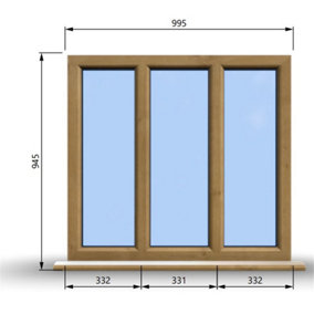 995mm (W) x 945mm (H) Wooden Stormproof Window - 3 Pane Non-Opening Windows - Toughened Safety Glass