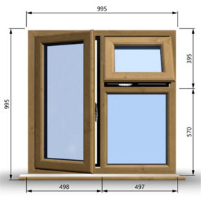 995mm (W) x 995mm (H) Wooden Stormproof Window - 1 Opening Window (LEFT) - Top Opening Window (RIGHT) - Toughened Safety Glass