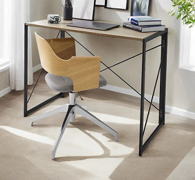 A metal and wood foldable desk with a rotating desk chair with wheels.