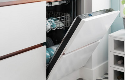 A close up view of a white gloss kitchen integrated dishwasher cabinet, with rose gold background.