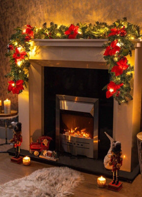 9FT Pre-Lit Artificial Garland with Red Poinsettia