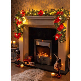 9FT Pre-Lit Artificial Garland with Red Poinsettia
