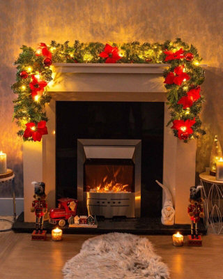 9FT Pre-Lit Artificial Garland with Red Poinsettia