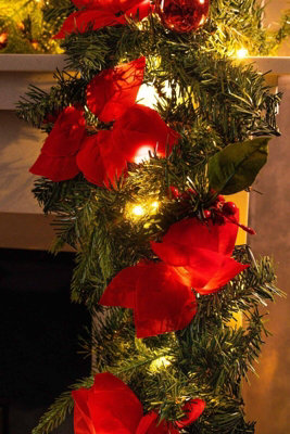 9FT Pre-Lit Artificial Garland with Red Poinsettia - 4