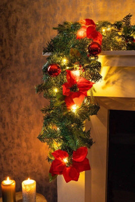 9FT Pre-Lit Artificial Garland with Red Poinsettia - 5