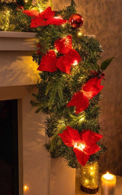 9FT Pre-Lit Artificial Garland with Red Poinsettia - 6