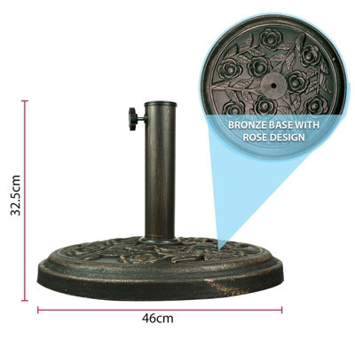 9kg Garden 45cm Diameter Parasol Base Heavy Duty Cast Iron Effect  - Bronze Rose Design - 3