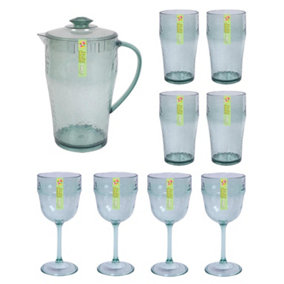 9pc Green Plastic Recycled Glass Effect Drinks Set Reusable Summer BBQ Party Camping Indoor Outdoor Glasses Jug Cups Cocktail
