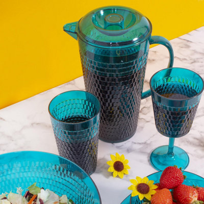 9pc Outdoor Drinks Set Picnic Plastic Wine Glasses Cups Jug Tumblers Pitcher Reusable Drinking Indoor Summer Party Honeycomb Teal