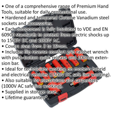 9pc VDE Insulated Socket & Ratchet Handle Set - 3/8" Square Drive 6 Point Metric