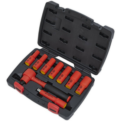 9pc VDE Insulated Socket & Ratchet Handle Set - 3/8" Square Drive 6 Point Metric