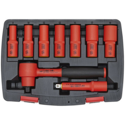 9pc VDE Insulated Socket & Ratchet Handle Set - 3/8" Square Drive 6 Point Metric