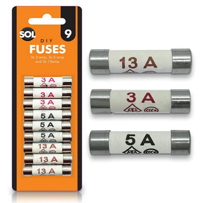 9pcs Fuses Mixed Household UK - 13 Amp Fuses UK - 5 Amp Fuses UK - 3 Amp Fuses UK - Ceramic Tube Fuses - Household Domestic Fuses