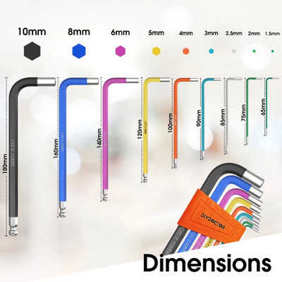 9PCS Metric Allen Key Set ,Ball End Long Arm, Colour Coded Hex Keys