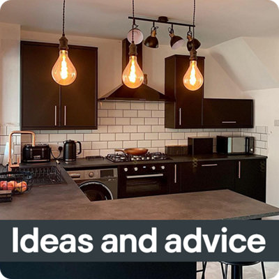 Modern black kitchen with island seating under pendant lighting, overlaid with the text “Ideas and advice”