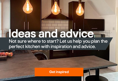 Modern black kitchen with island seating under pendant lighting, overlaid with the text “Ideas and advice”