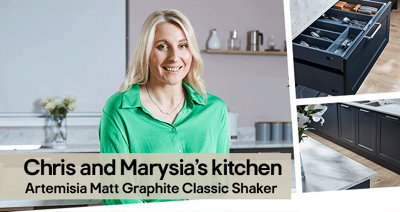 Find out more about customers Chris and Marysia's Artemisia kitchen, a classic shaker kitchen in a dark grey colour with a matt finish.