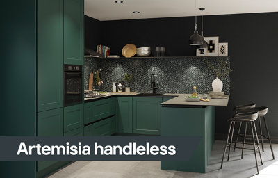 The Artemisia Dark Green kitchen, featuring dark green shaker cabinets in a matt finish. The cabinets are handleless for a sleek, modern look.  