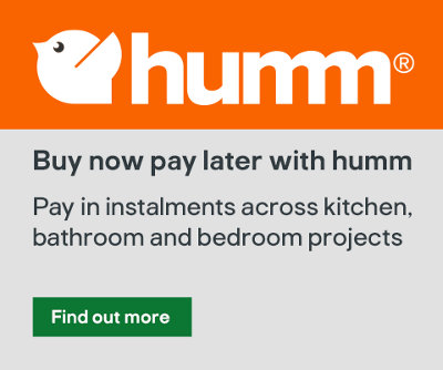 Bright orange banner promoting humm's “Buy now, pay later” offer, with text about instalment options for kitchen, bathroom, and bedroom projects. Includes a ‘Find out more’ button and the humm bird logo.