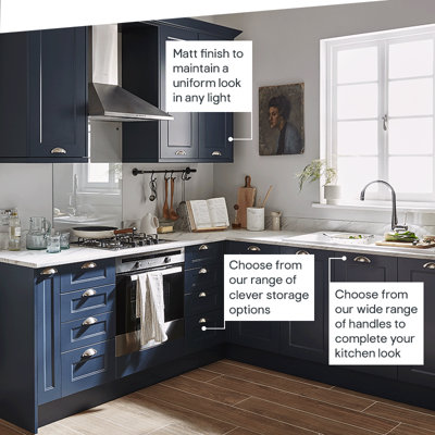 Kitchen featuring classic shaker style doors in a dark blue shade and a matt finish for a uniform look in any light. Choose from our wide range of handles and clever storage options to complete your look.