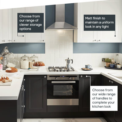 Kitchen featuring dark grey shaker cabinets with a matt finish for a uniform look in any light. Choose from our wide range of handles and clever storage options to complete your look.