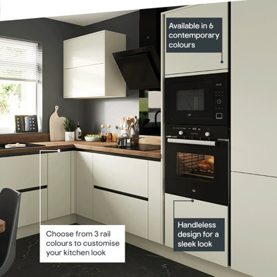 Kitchen featuring easily wipeable, handleless gloss cabinets, available in 6 contemporary colours. Kitchen doors can also be mixed and matched for a truly personal kitchen.