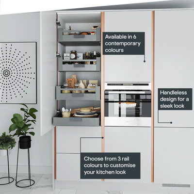 Kitchen featuring easily wipeable, handleless gloss cabinets, available in 6 contemporary colours. Kitchen doors can also be mixed and matched for a truly personal kitchen.
