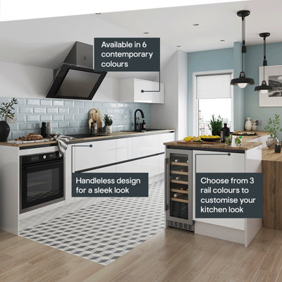 Kitchen featuring easily wipeable, handleless gloss cabinets, available in 6 contemporary colours. Kitchen doors can also be mixed and matched for a truly personal kitchen.