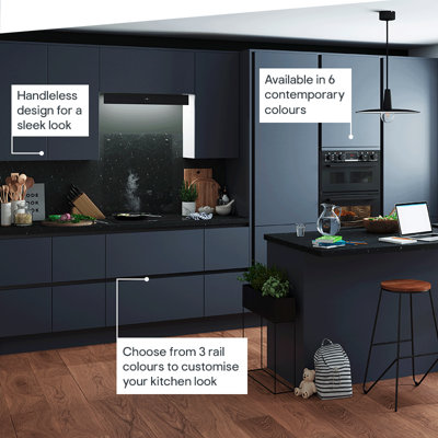 Kitchen featuring handleless matt cabinets, available in 6 contemporary colours and 3 rail colours to customise your kitchen look.