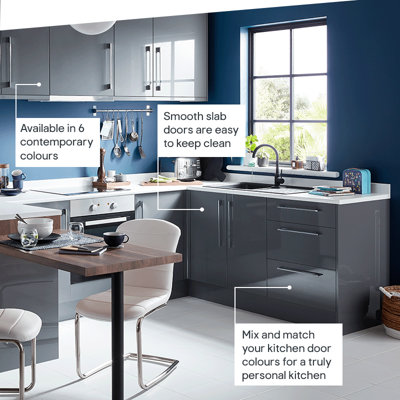 Kitchen featuring easily wipeable, gloss cabinets, available in 6 contemporary colours. Kitchen doors can also be mixed and matched for a truly personal kitchen.