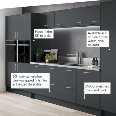The Ethos kitchen is available in a choice of five warm, chic colours, with cabinets colour matched front and back. Made in the UK, the cabinets have a 5G next-generation vinyl-wrapped finish for enhanced durability.