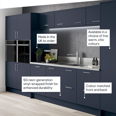 The Ethos kitchen is available in a choice of five warm, chic colours, with cabinets colour matched front and back. Made in the UK, the cabinets have a 5G next-generation vinyl-wrapped finish for enhanced durability.